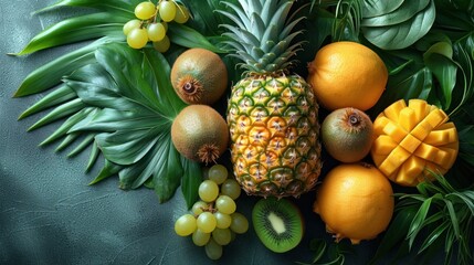  a pineapple, oranges, kiwis, grapes, and other tropical fruits are arranged on a green surface with leaves and fruit on the right side.