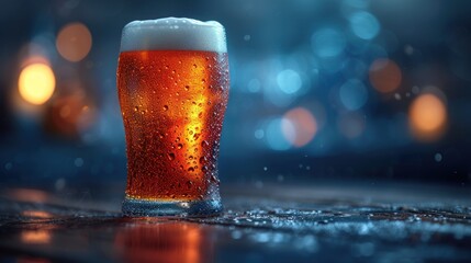  a close up of a glass of beer on a table with drops of water on the glass and boke of lights in the back ground in the blurry background. - obrazy, fototapety, plakaty
