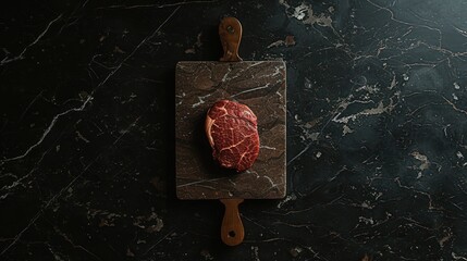 a piece of meat sitting on top of a cutting board on top of a black marble counter next to a knife.