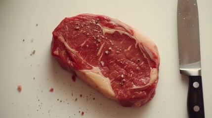 a piece of raw meat sitting on top of a white cutting board next to a knife and a knife blade.
