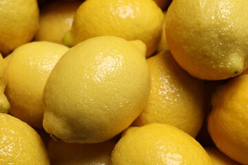 Fresh lemons with water drops as background, closeup