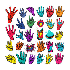 Cartoon hands abstract drawn comic. Set of Hand multicolored different signs and symbols. Drawing style Sticker decals. Retro Y2K. Vector illustration