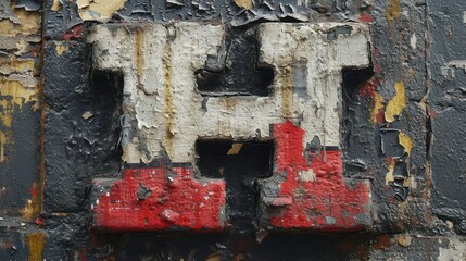  a close up of the letters h and f painted on the side of a building with paint chipping off the paint chipping off of the letters and the paint chipping off of the letters.