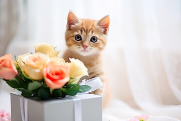 Cute kitten with bouquet of roses and gift box. Card for Mothers day, International Womens Day, 8 March, Valentines Day, birthday, wedding.
