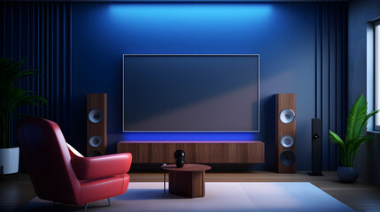 A TV wall mounted in a dark room with a black wall,
cabinet in modern living room on dark blue wall background