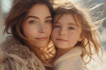 Fototapeta premium mother and daughter enjoying a tender moment, symbolizing family strength and love, with space for text, perfect for editorial use