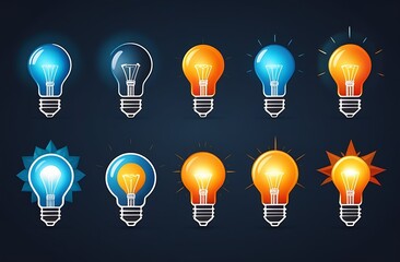 Set Of Light colorful Bulb Flat Icons. Collection Of Lighting Electric Lamps. Simple Pictograms, 10 Items. Graphic Design Elements. Creative Idea Sign, Solution, Innovation Concept. Blue background
