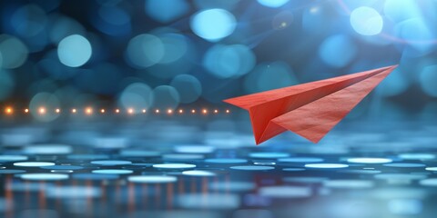 A Red Paper Airplane Glides Over a Cyber-Inspired Landscape, Symbolizing Innovation and Unique Direction, Generative AI