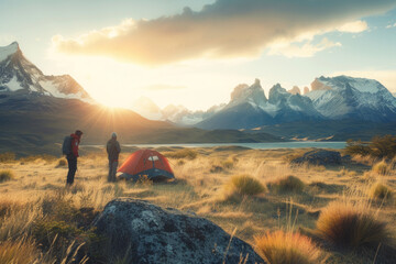 Majestic Sunrise over Mountainous Landscape with Campers in Patagonia