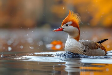 A stunning Mandarin duck swims gracefully, its colorful plumage contrasting with the serene water - Powered by Adobe