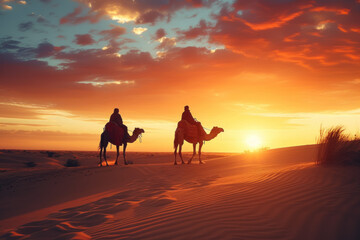 Fototapeta na wymiar Tranquil Caravan Journey at Sunset in the Desert