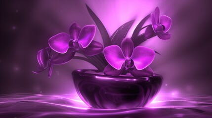 a vase filled with purple flowers sitting on top of a water covered table next to a purple light behind it.