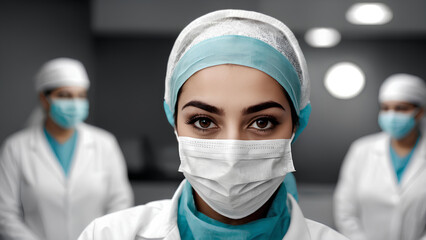 Young arabic female doctor in face mask in front of team. Healthcare and medicine concept