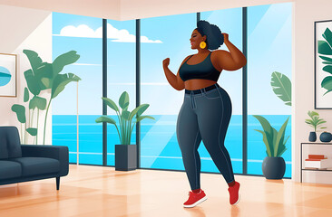 Body confident young woman dancing in sportswear, showing off her sportiness and flexibility. Fit plus size woman having fun as she expresses her body positivity in a studio