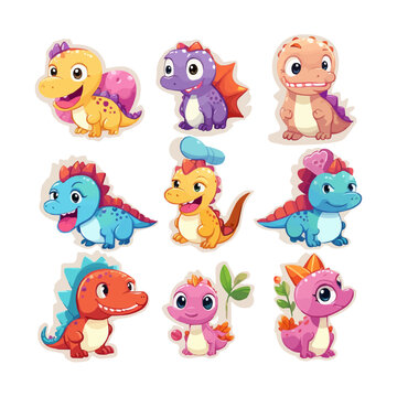 Decorative stickers collection with different types of cute and funny dinosaurs, vector design for kids