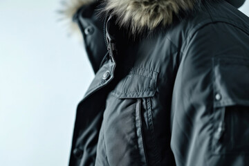 Close-up of a Stylish Winter Jacket with Fur Trim Hood on a Cold Day - obrazy, fototapety, plakaty