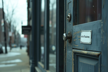 Closed Business Door with a Sign Indicating 'Out of Business' in a Desolate Evening Setting