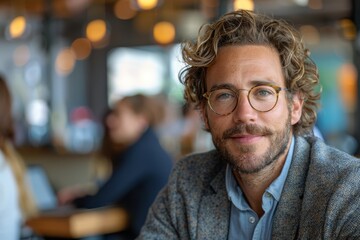 Handsome man with curly hair and glasses smiling gently in a blurred cafe setting