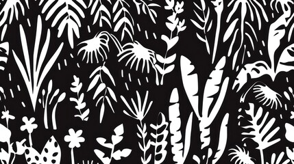 a black and white drawing of plants and flowers on a black background with a white outline of leaves and flowers on a black background.