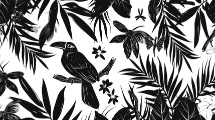 a black and white drawing of a bird on a branch surrounded by tropical leaves and flowers on a white background.