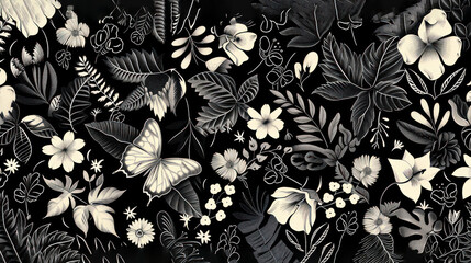 a black and white photo of a bunch of flowers on a black background with a butterfly on top of the flowers.