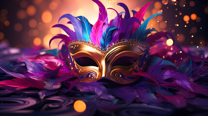 Fototapeta premium Still life of colorful carnival beads and masks, vibrant background