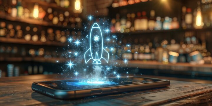Digital Dreamscape: A 3D Holographic Rocket Launching from a Smartphone, Symbolizing Innovative Tech and Startups, Generative AI