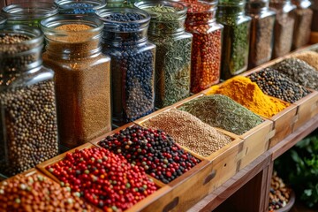 Vibrant and colorful display of various spices in a market, showcasing diverse textures and colors