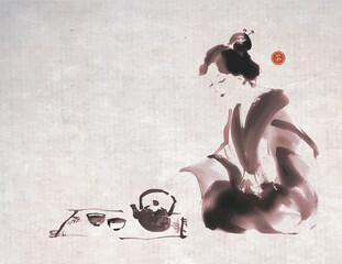 Ink wash painting of woman in a kimono pouring tea, the scene of a traditional tea ceremony. Traditional oriental ink painting sumi-e, u-sin, go-hua on vintage background. Hieroglyph -  tea