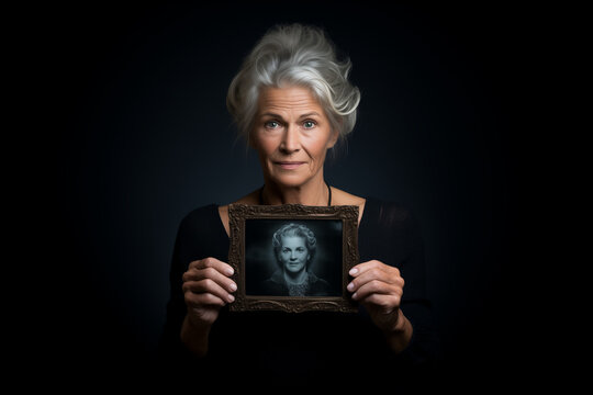 An older woman holding up her photo in front of a black background. Generative AI