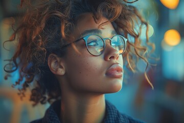 A tasteful and modern portrait highlighting a person's curly hair with bokeh effect, face is not visible