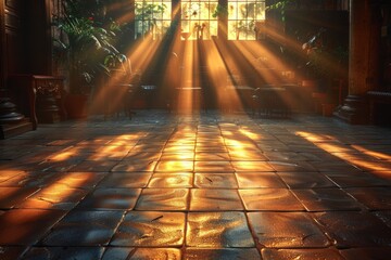 A stunning depiction of sunlight streaming through ornate church windows onto the empty pews and stone floor - obrazy, fototapety, plakaty