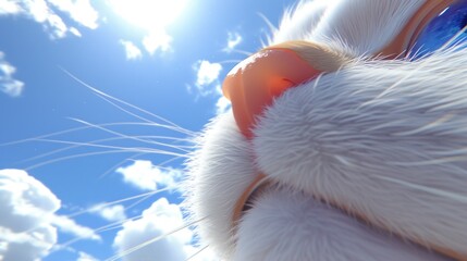 a close up of a cat's face with a bright blue sky in the background and clouds in the foreground.