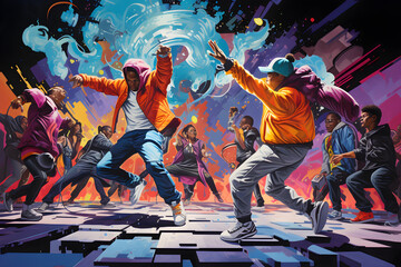 Fototapeta na wymiar Vibrant Snapshot of Urban Hip Hop Culture: Graffiti, Dancers, and Turntable