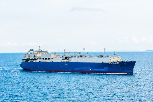At Sea, South China Sea - large tanker ship, methanol carrier, sailing through blue, calm waters.