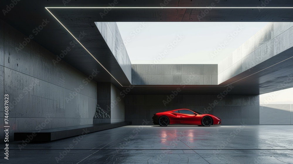 Leinwandbilder The background of the presentation is a 3D rendering of a modern architecture with concrete walls and floors and empty spaces for cars.