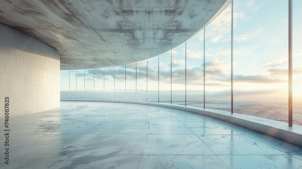 Fototapete Abstract futuristic building with an empty concrete floor in 3D.