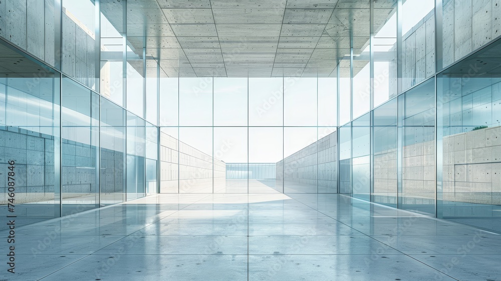 Fototapete The abstract futuristic glass architecture with a concrete floor is rendered in 3D...