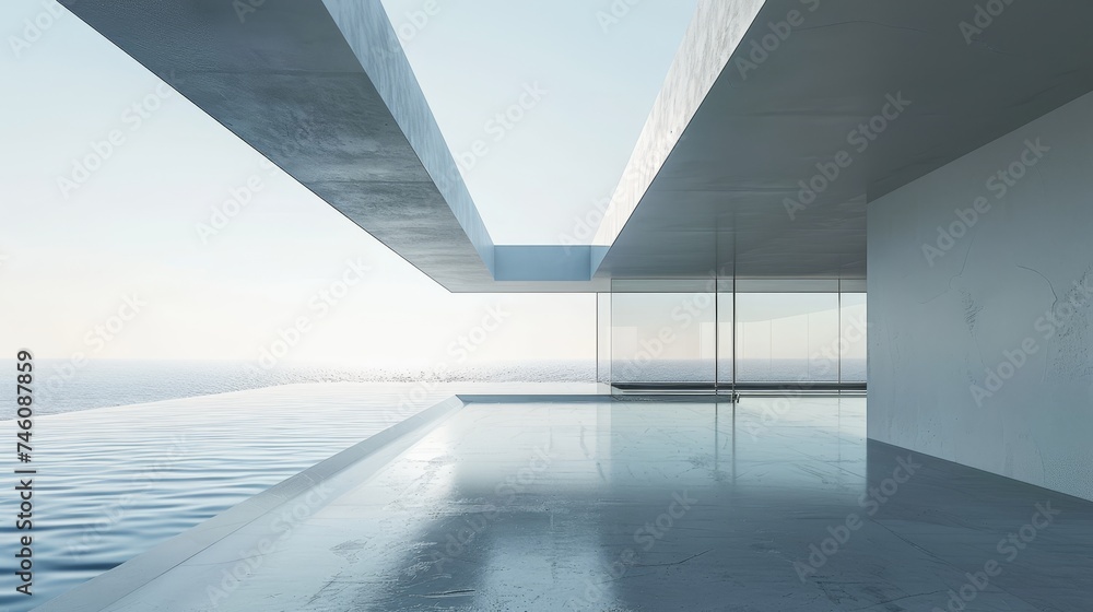 Leinwandbilder an abstract futuristic glass architecture with an empty concrete floor is rendered in 3d.