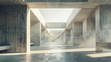 A three-dimensional rendering of an abstract futuristic architecture with an empty concrete floor.