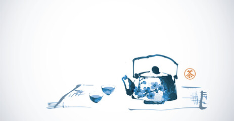 Ink painting of teapot and cups. Traditional tea ceremony scene. Traditional oriental ink painting sumi-e, u-sin, go-hua in blue tones. Translation of hieroglyph - tea - obrazy, fototapety, plakaty