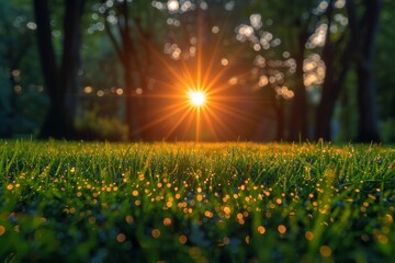 The warm glow of sunrise on dew-covered grass creates a tranquil and serene landscape