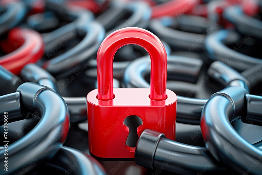 Poster red padlock standing out in a network of chains