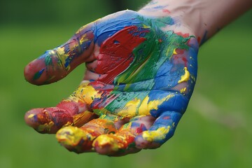 Hand covered in vibrant paints expressing creativity and art