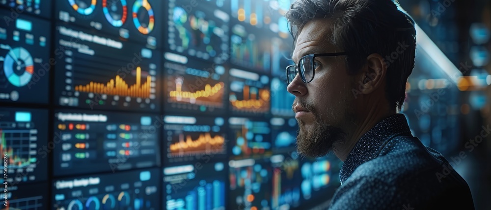 Fototapete Using Business Analytics and Data Management System on a virtual screen, make a report with KPIs and metrics. Corporate strategy for finance, operations, sales, and marketing.