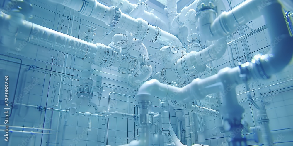 Aufkleber Engineering Complexity: An Intricate Network of Pipes Overlaid on Technical Blueprints, Generative AI