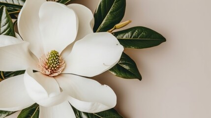 a close up of a white flower with green leaves on a beige background with a place for text or image.
