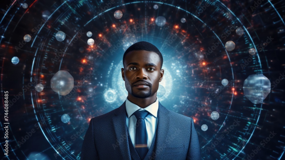 Poster tech analyst study cyber data chart from corporate system for statistical analytic defining marketin