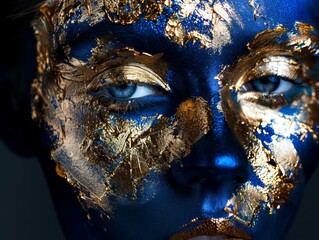 portrait of a man with blue and gold face paint, highlighting intricate details and a rough texture that contrasts with the smooth blue paint
