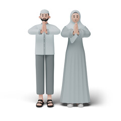 3D render of muslim people. Happy family showing apologize and welcome hand gesture. Apology during eid mubarak. Full length character